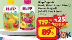HİPP ORGANİK MUZLU ELMALI ARMUT PÜRESİ/ORMAN MEYVELİ ŞEFTALİ ELMA PÜRESİ 100 G fiyat ve kampanya bilgisi
